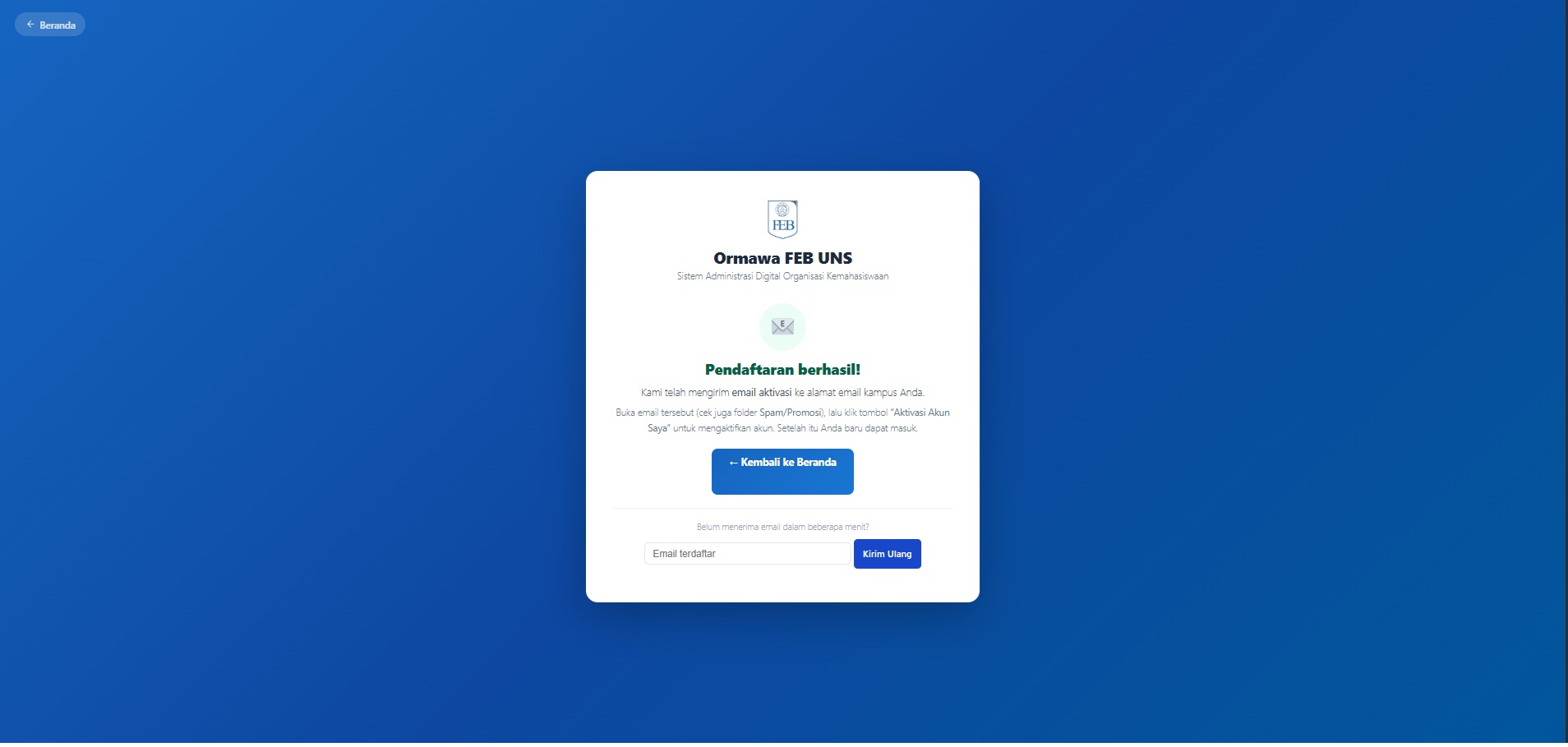 Notifikasi pendaftaran berhasil — email aktivasi dikirim.