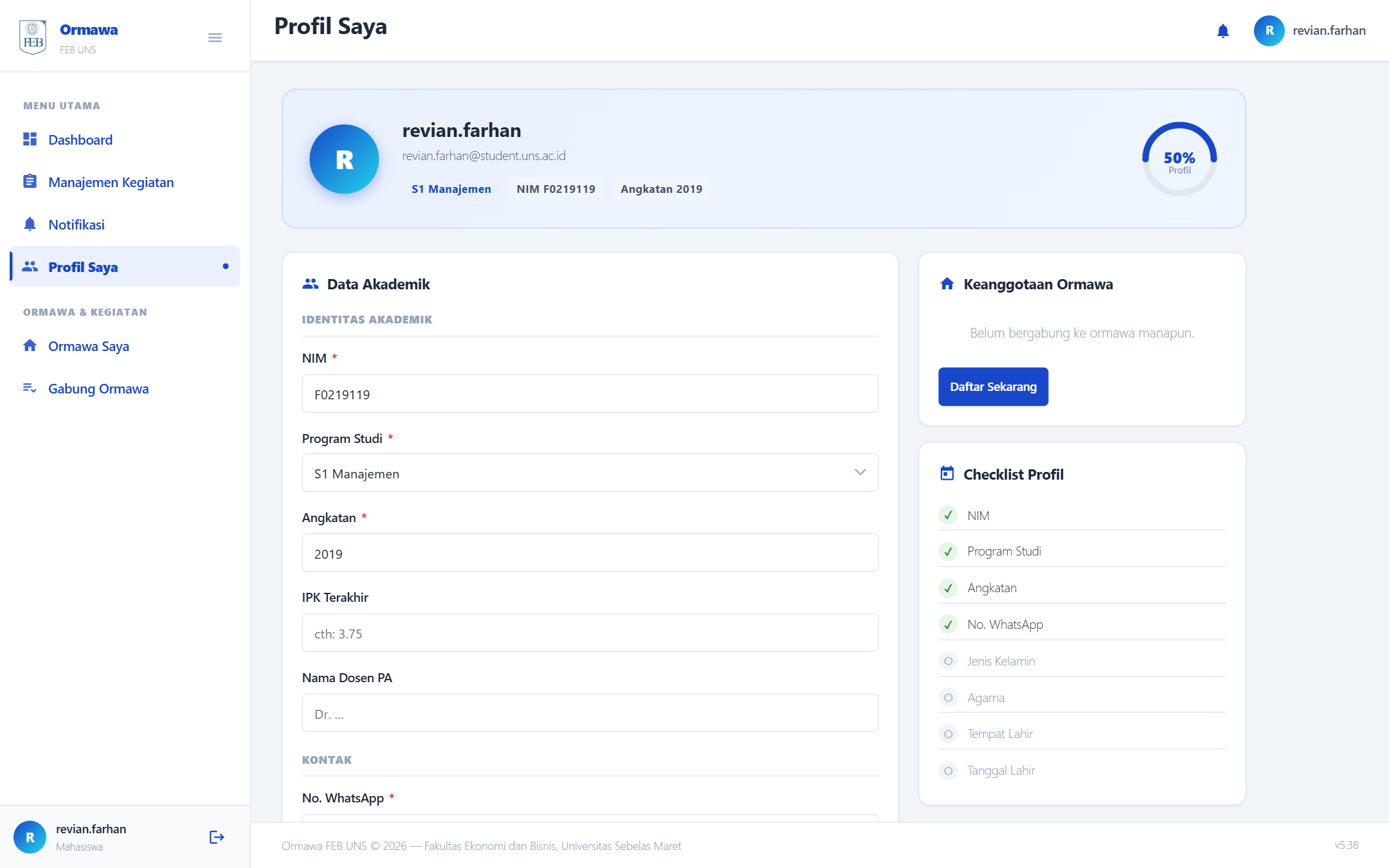Halaman Profil Saya dengan indikator kelengkapan data.