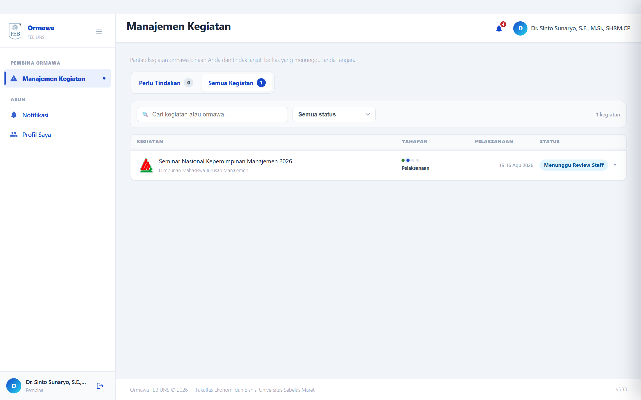 Dashboard Pembina: tab Perlu Tindakan & Semua Kegiatan.