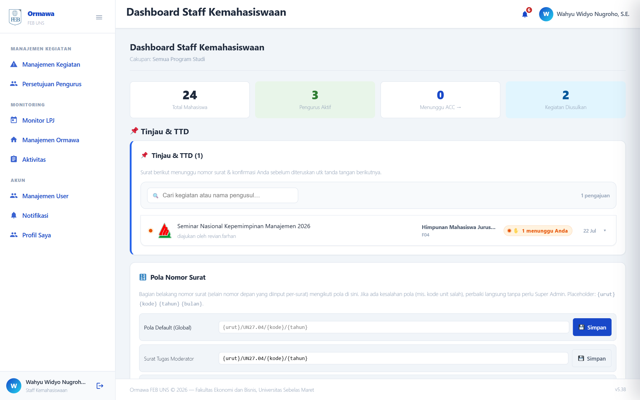 Dashboard Staff Kemahasiswaan: statistik & antrean tindakan lintas-ormawa.